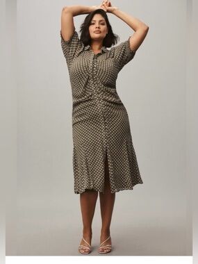NWT By Anthropologie Button Front Puff Sleeve  Midi Dress - Moss Green Floral 0